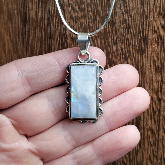 18 Inch Sterling Silver Large Rectangle Moonstone Pendant Necklace